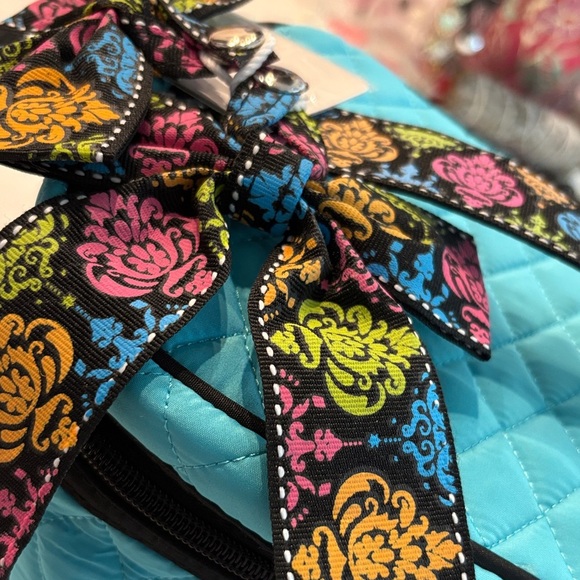 Quilted Blue Cosmetic Bag with Colorful Ribbon - Picture 1 of 2